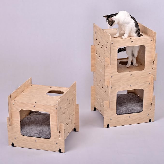 Wooden Cat Condo with Cushion, Cat Bed, Natural Wood Cat Tower with Scratching Post, Multi-Level Cat Tree House for Cats (CB-001-D)