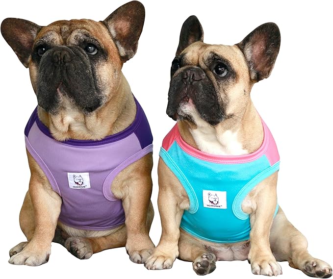 iChoue 2pcs French Bulldog Summer Cooling Shirt for Dogs UV Sun Protection Vest Sleeveless Breathable Tank Top English Pug Purple Turquoise Rose - Medium