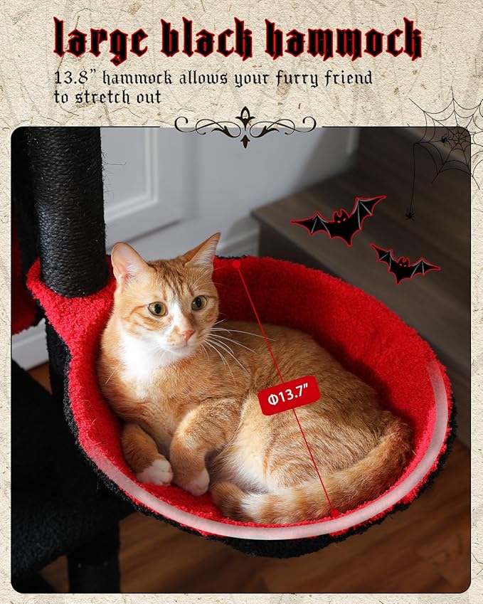 59" Gothic Cat Tree with Coffin Bed-Black Cat Tower for Indoor Cats with Spacious Cat Condo & Cozy Hammock, Spider Hanging Balls, Sisal Scratching Post and 2 Spooky Perches for Halloween