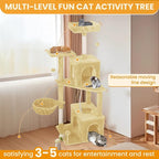 Cat Tree, 54-Inch Cat Tower for Indoor Cats,Plush Multi-Level Cat Condo with Scratching Posts, Basket, Perches,2 Caves,2 Pompoms(Beige)