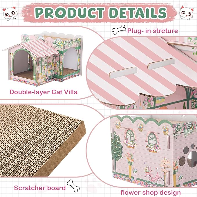 2 Story Cardboard Cat House with Scratcher Pad for Small Kitten,17x12x10 Multi Level Durable Cat Condo & Villa for Bunny Rabbit Small Animals Christmas Birthday Gift(17x12x10,Florist)