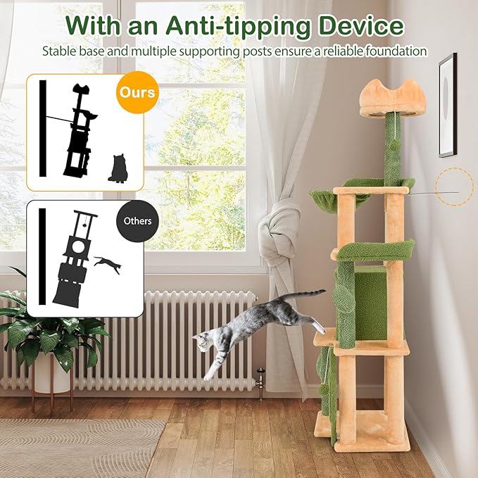 Tangkula Cactus Cat Tree, 63 Inch Multi-Level Tall Cat Tower with Sisal Scratching Posts & Board, Condo, Padded Perch, Hanging Toys, Basket Bed, Platforms, Green Cute Cat Tree for Indoor Cats
