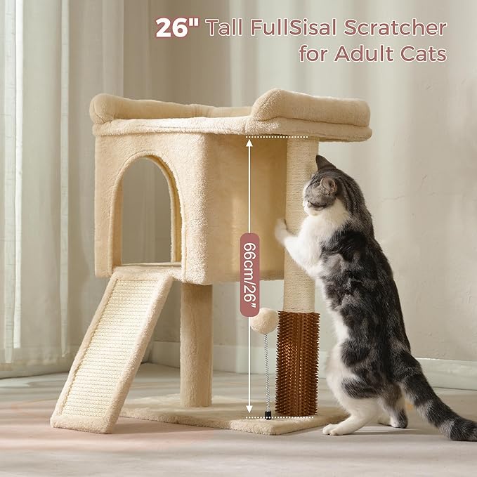 Small Cat Tree Tower for Adult Cats with Large Top Bed 20x13.8”Private Cat Condo,Sisal Scratching Post and Ramp and Self Groomer and Spring Ball-Beige