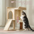 Small Cat Tree Tower for Adult Cats with Large Top Bed 20x13.8”Private Cat Condo,Sisal Scratching Post and Ramp and Self Groomer and Spring Ball-Beige