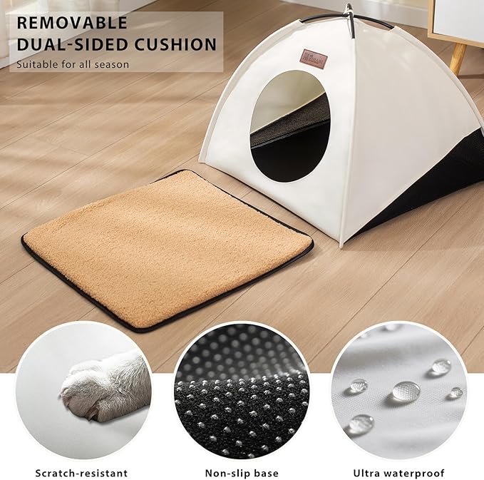 Pop-up Cat Tent Indoor Outdoor, Waterproof Cat House with Removable Cushion for All Seasons, Portable Pyramid Cat Cave Bed for Cats & Small Dogs, No Assembly Folding Pet Tent,18.9x18.9x15.4, White
