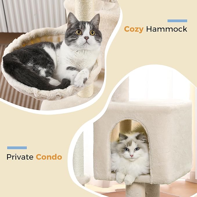 Small Cat Tree Beige Cat Tower with 32 Inches Scratching Post with Cats Condo House, Cozy Hammock and Removable Top Bed and Dangling Ball for Indoor Cats-34” Beige