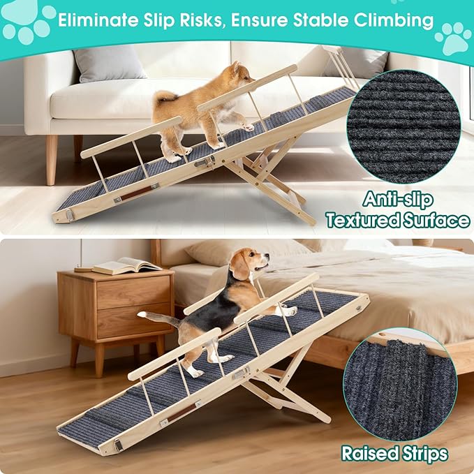 In hand Dog Ramp for High Bed with Safety Rails, Adjustable Foldable Pet Steps Ramp with Anti-Slip Pad, Assist Senior Arthritic, Injured, Small to Large Dogs to Climb Couch Bed Stairs Easily