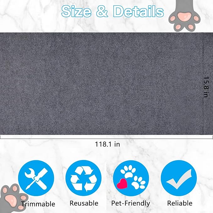 Cat Scratching Mat - 118"x16" Trimmable Carpet, Large Self-Adhesive DIY Roll, Tree Shelves Replacement Pad, Couch Furniture Protector, Toy Ball & Strong Tape