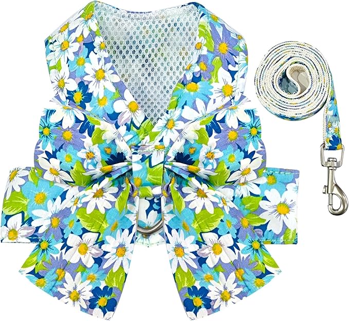 BAEJMJK Dog Harness and Leash Set with Bow Knot No Pull Pet Daisy Floral Harness with D-Ring Soft Mesh Dog Harness Vest Set Escape Proof Princess Puppy Harness for Small Girl Dogs Cats（Blue A XS）