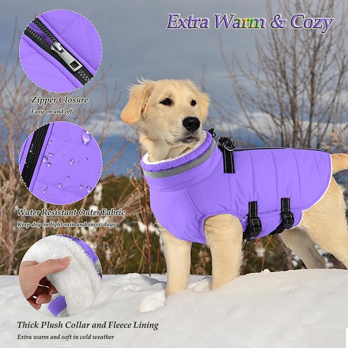 Dogcheer Dog Coat with Harness, Waterproof Dog Jacket Adjustable Winter Coat with Zipper, Christmas Puppy Snow Jacket Fleece Sweater for Small Medium Large Dogs - Taro Purple XL