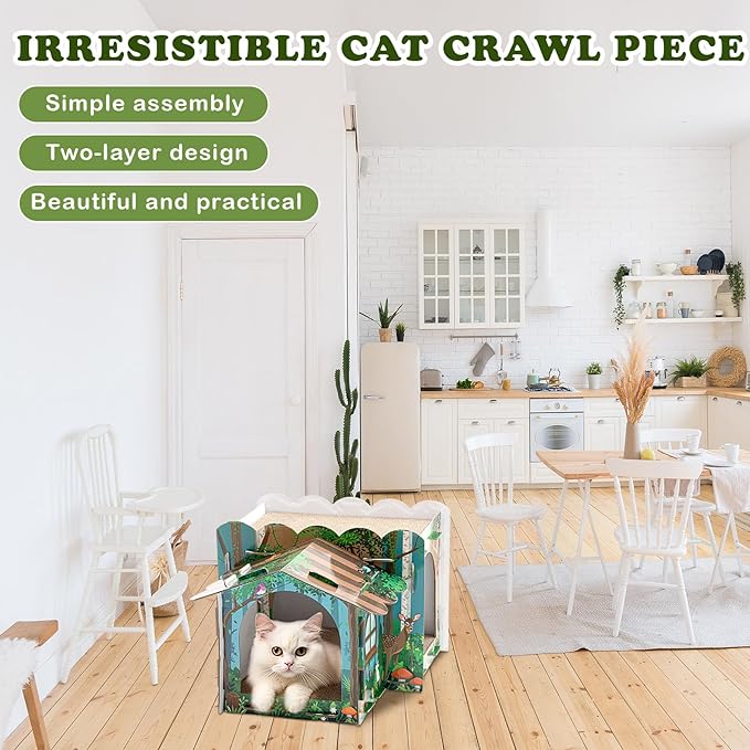 2 Story Cardboard Cat House with Scratcher Pad for Small Kitten,17x12x10 Multi Level Durable Cat Condo & Villa for Bunny Rabbit Small Animals Christmas Birthday Gift(17x12x10,Forest)