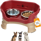 Neater Feeder Deluxe Mess-Proof Elevated Dog Bowls for Small Dogs (Up to 19 lbs), 2 Height Adjustable (6” & 7.5”) No-Spill Raised Dog Bowl Stand, Stainless Steel Food Bowl Set, Made in USA, Cranberry