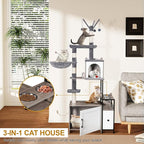 Snughome Cat Tree with Litter Box Enclosure, 3-in-1 Modern Cat Tower for Indoor Cats, 67.32’’ Hidden Cat Litter Box Furniture with Cat Condo, Food Station and Hammocks, All-in-one Cat Furniture