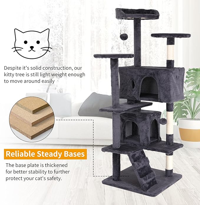 BLKMTY Cat Tree 54" Tall Cats Tower Large Cat Condo Climber Cats Climbing Stand with Top Perches Playhouse and Climbing Ladder Kitty Activity Tree w/Scratching Post Toys, Light Gray