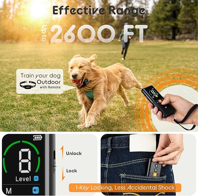 Dog Training Collar Shock Collars for Dogs with Remote 2600 Ft Remote Control Range 4 Modes Beep Vibration Shock Built-in Bright Led Light Rechargeable Waterproof (Full Dark, for 1 Dog)