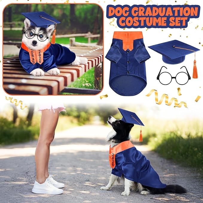 5 Pcs Dog Graduation Costume Set Include 2026 Pet Graduation Gown with Stole Puppy Grad Cap Lensless Glasses DIY Letter Stickers for Dogs Cats Holiday Costume Accessory(Blue Orange,XL)