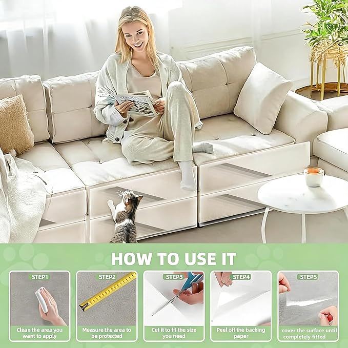 Anti Cat Scratch Furniture Protector, 190" x 12" cat Scratch Deterrent for Furniture,Self Adhesive Anti Pet Deterrent Sofa Cover Clear PET Protective Film with 40 Twist Pins