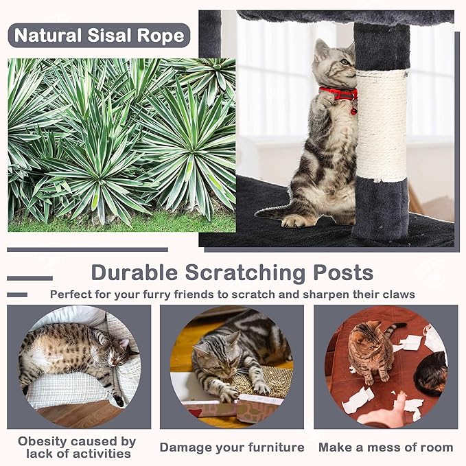 Heavy Duty Cat Tree,54 Inch Tall Cat Tower,2 Cozy Condos,Scratching Posts,Ladders & Sisal Pole,Multi-Level Perches Platforms for Indoor Cats,Sturdy Pet Climbing Furniture,Dark Gray