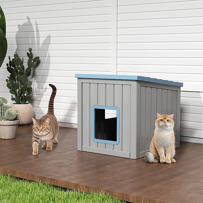 KAMABOKO Outdoor Cat House Weatherproof Insulated for Winter, Durable Shelter for Feral and Outdoor Cats, All-Season Cat House with Removable Roof & Waterproof Base for Patio, Porch, Blue
