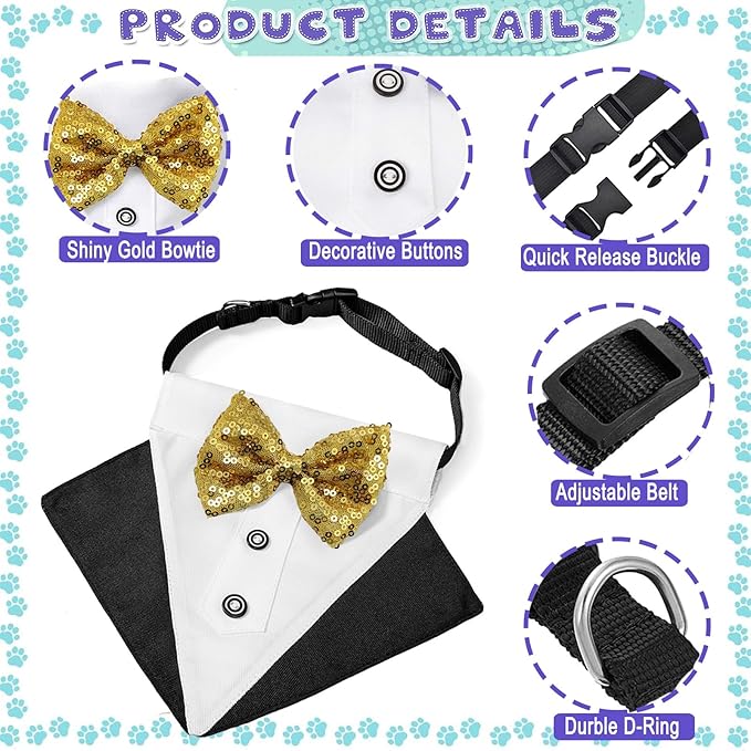 Dog Tuxedo Costume Wedding Bandana Nylon Collar with Gold Bow Tie Adjustable Formal Black Dog Tux Clothes for Small Medium Large VCat Pet Birthday Costumes Christmas Dress Outfits