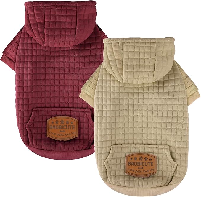2 Pack Dog Hoodie Sweaters for Small Medium Dogs Warm Dog Clothes for Large Dogs Soft Waffle-Like Laminated Sweatshirt Bulldog (Brown+Wine Red, S/M (Back: 13",Chest: 18.5", Neck: 12"))