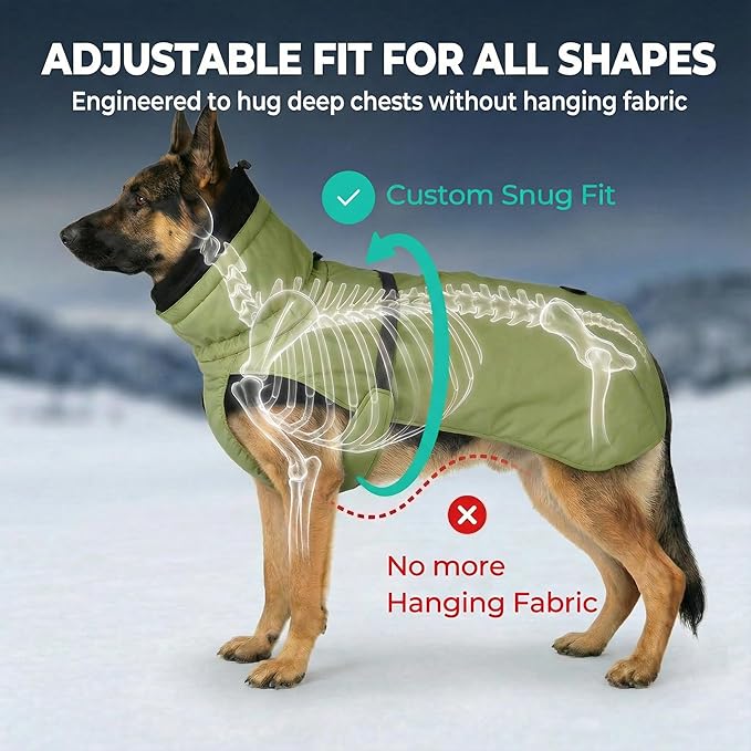 Dog Winter Coat, Warm Puffer Jacket with Fur-Safe Buckle & Leash Hole for Cold Weather, Water-Repellent Snow Vest, Breathable Thermal Apparel for Hiking & Active Dogs (Green, XX-Large)
