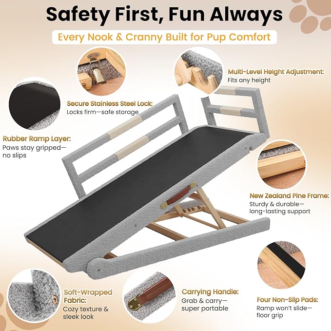 Dog Ramp for Bed, 5 Adjustable Height Wooden Ramp for Dogs from 16"–28", 17" Wide Pet Ramps for Dogs to Get on High Bed/Couch/Car with Soft Padding & Anti-Slip Grip, Up to 250LBS for Small/Large Dog