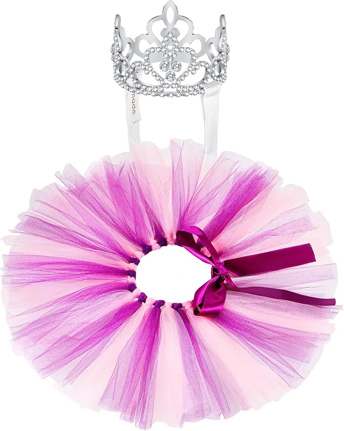 2 Pcs Dog Crown Headband Dog Tutu Dress Set Crystal Rhinestone Tiara Crown Tutu Skirt Pet Dress Costume for Puppy Birthday Party Wedding Photo Prop Costume(Small,Pink Purple)
