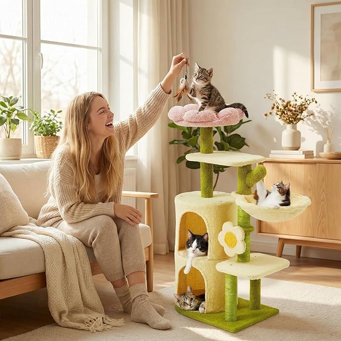 Erinnyees Flower Cat Tree, 38.2 Inches Cat Tower, Multi-Level Indoor Kitty Tree Tower, Kitty House with Cozy Top Flower Platform, Spacious Condos, Soft Hammock, Sisal Scratching Post