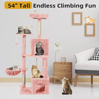 Cat Tree 54-Inch Cat Tower with Padded Plush Perch 2 Comfy Caves, Scratching Posts, Basket, 2 Pompoms, Multi-Level Plush Cat Condo for Indoor Cats Kittens, Pink