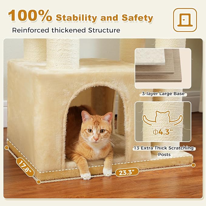 PETEPELA 67" XXL Cat Tree for Large Cats up to 25 lbs, Heavy Duty Cat Tower w/13 Extra-Thick Sisal Scratching Posts [φ4.3”], Cat Furniture with Metal Frame Hammock & XL Condo for Maine Coon, Beige