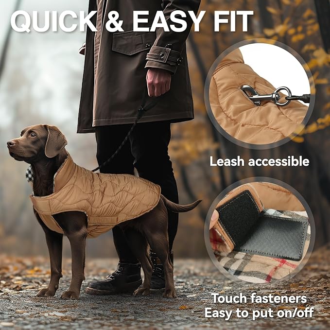 VIVAGLORY Softjoy Dog Coat, Dog Jacket for Winter & Christmas, Coat with Harness Hole, Reversible Plaid Checkered Warm Fluffy Heavy Duty for Puppy, L, Khaki
