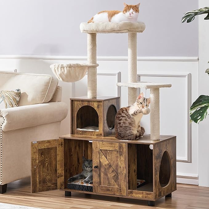 Yaheetech Cat Tree, 53in Cat Tower with Wood Litter Box Enclosure, 2-in-1 Cat Tree with Condo, Scratching Posts, Perch for Indoor Large Cats, Cat Activity Center, Rustic Brown/Beige