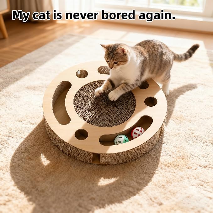 YUNIQUE Scratching Pad Ball Track Cat Toy for Indoor Cats,Round Busy Box Scratcher with Bell Ball