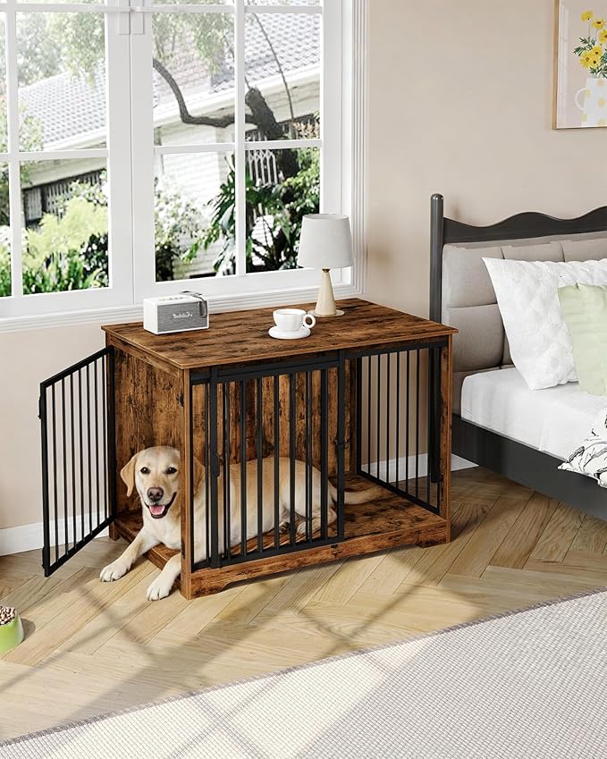 43.3" Dog Crate Furniture with Barn Door, Heavy Duty Dog Kennel Indoor with 2 Doors, Wooden Pet Cage End Table for Large Small Medium Dogs, Anti-Chew Anti-Escape, Rustic Brown DFC92301B