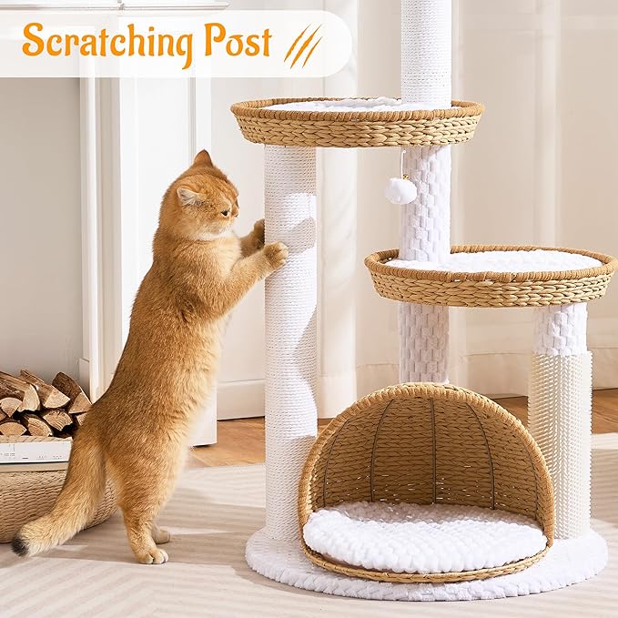 HITTITE Modern Cat Tree Tower with Scratching Post, 46 Inches Tall Cat Towers with Woven Cat Nests and Cave, Multi-Level Cat Tree With Removable Cushions and Massage Brush for Indoor Cats Large Adult.