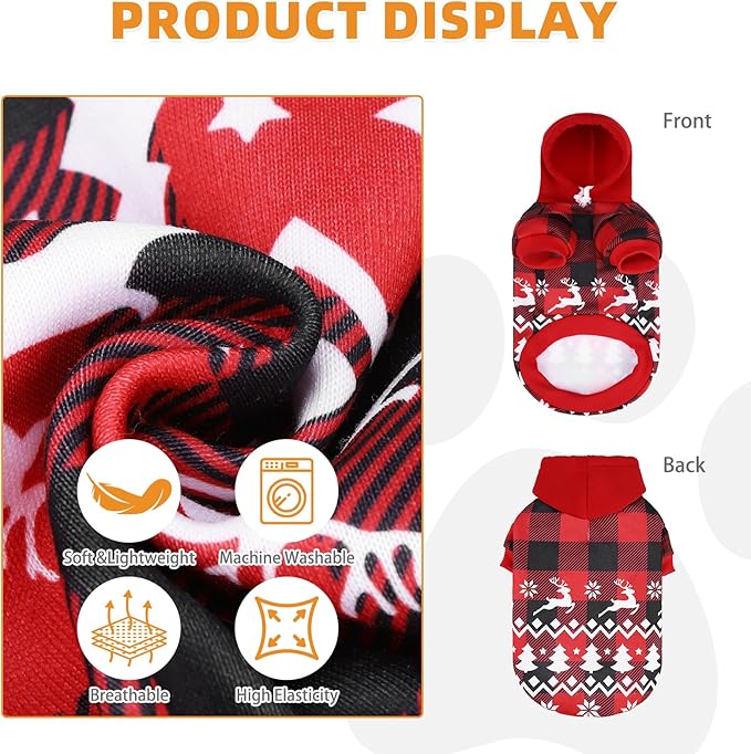 KOOLTAIL Christmas Dog Hoodie, Red Plaid Pet Sweater, Hat Hooded Sweatshirt Dog Clothes for Small Medium Large Dogs, Soft Warm Winter Cold Weather Coat with Leash Hole&Pocket, Reindeer Snowflake, XL
