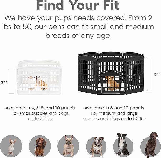 IRIS USA Dog Playpen with Door, 24” 6 Panel Pet Exercise Pen – Indoor Outdoor Puppy Play Pen, Portable Plastic Pet Fence for Small Medium Dogs, Foldable 61” x 61” x 24”, Black
