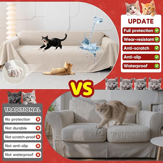 Cat Scratch Furniture Protector - Anti-Slip, Waterproof Sofa Cover to Keep Cats Off, Pet-Friendly Couch Protectors for 3 Cushion Couch, Khaki Anti-Scratch Couch Cover for Pets and Kids 134"X71"