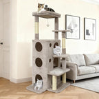 Cat Tree Tower for Indoor Cats, Adult Cat Tree House for Large Adult Cats with Steps, Scratching Post, 3 Cat Caves, Dangling Toys (Light Gray)