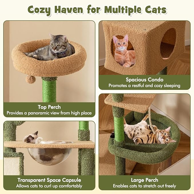 PETSITE 59 inch Cactus Cat Tree Tower, Multi-Level Cat Tower with Sisal Scratching Posts, Board and Rope, Cat Condo, Capsule Bed, Hanging Ball and Self Groomer, Cute Cat Tree for Indoor Cats
