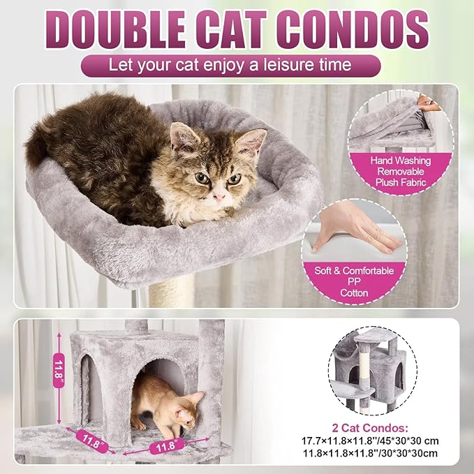 Cat Tree, 72in 8-Level Cat Tower with Sisal Scratching Post, Soft Top Platfomm, Basket, 2 Hidden Cat Condo, Balls, Space Saving Cat Condo, Indoor Pet Play House for 5 Cats, Light Grey