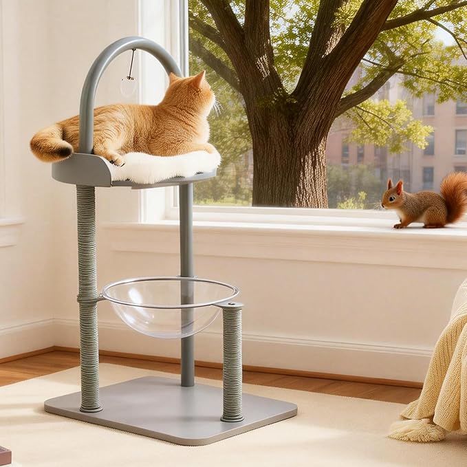 34" Modern Cat Tree Furniture, Minimalist Metal Frame Cat Tower with Wood Platforms, Washable Cushion & Scratching Post, Stylish Cat Condo for Indoor Cats, Dove Gray