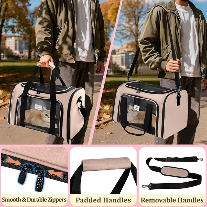 Cat Carrier Dog Carrier - Soft-Sided Cat Carrier with Plush Pad & Cooling Mat, Easy-Load 4-Side Zipper & 3-Side Mesh Ventilation, Pet Carrier Airline Approved for Cats/Dogs Up to 16 lbs, Brown