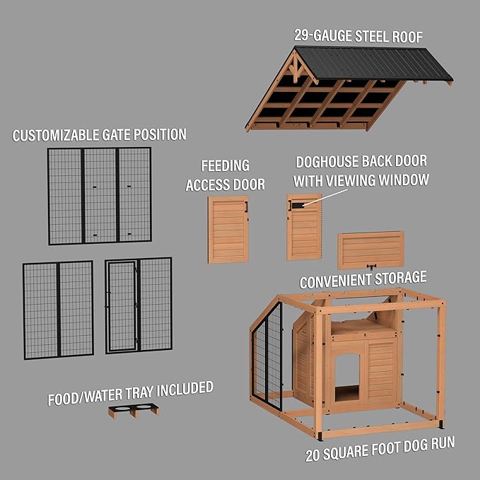 Backyard Discovery 7' x 5' Waggin' Retreat Cedar Wood Large Dog Kennel with Galvanized Steel Roof, Feeding Door, Doghouse Back Door, Water and Food Tray, Secure Lock Gate for Safe Outdoor Pet Shelter