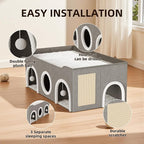 Top Bed Three Rooms Cat Condos,All-in-1 Extra-Wide Cat House for Indoor，Multi Cats Puppy Family, Large Cat Cave for Pet House with Fluffy Ball Hanging and Scratch Pad, Foldable Hideaway