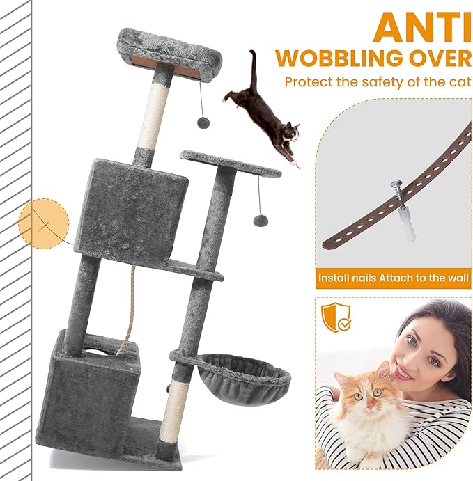 Cat Tree, 54-Inch Cat Tower for Indoor Cats,Plush Multi-Level Cat Condo with Scratching Posts, Basket, Perches,2 Caves,2 Pompoms(Gray)