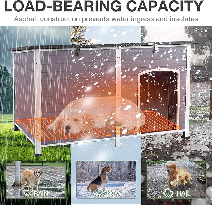 59.1’’ Extra Large Heated Dog House Outdoor for Winter, Insulated Dog Kennel with Metal Frame, Weatherproof Dog Shelter with Heating Pad and All-Around Insulated Liner for Large Breed Outside (Grey)