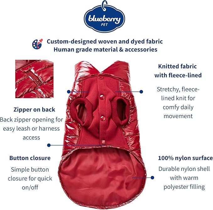 Blueberry Pet Cozy & Comfy Windproof Lightweight Quilted Fall Winter Glossy Dog Puffer Jacket in Deep Rouge, Back Length 12.5", Size 10, Warm Coat for Small Dogs