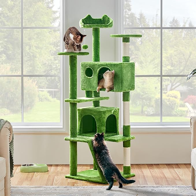 Topeakmart 61in Cat Tree Tower Condo with 2 Cozy Cat Condos Ladder and 3 Platforms for Indoor Cats Kittens